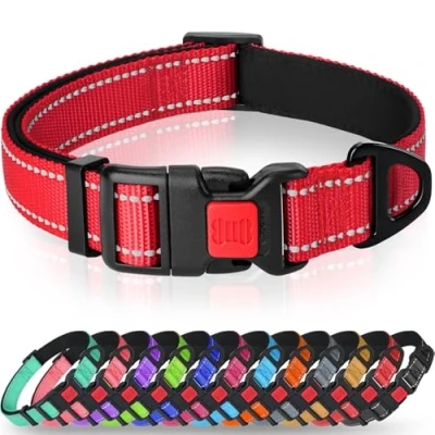 Abbildung von Taglory Hundehalsband, Weich Gepolstertes Neopren Nylon Hunde Halsband für Welpen, Verstellbare und Reflektierend das Training, Rot