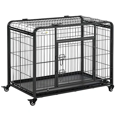 Abbildung von PawHut Hundehütte Transportbox faltbarer Transportkäfig mit Rädern Metall, Schwarz, 94L x 58B 69.5H cm
