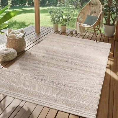 Abbildung von SIMPEX Outdoor Teppich Wetterfest Beige 280x370 cm, UV beständig, ideal für Küche, Balkon, Terrasse, Garten Wohnzimmer Esszimmer, Skandinavisches Boho Design, Pfelgeleicht