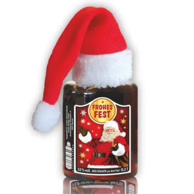 Abbildung von 0,2L Apothekerflasche Likör zu Weihnachten Frohes Fest mit Weihnachtsmütze rot 32% vol. Kräuterlikör Weihnachtslikör aus der Humorapotheke Humor Apotheke Spaßmedizin Humormedizin