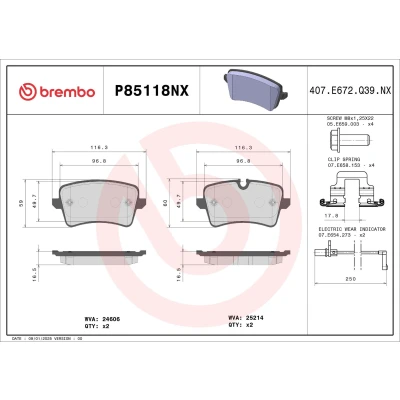 Abbildung von BREMBO P85118NX Bremsbelagsatz inkl. Verschleißwarnkontakt mit Bremssattelschrauben, Anti Quietsch Blech Zubehör