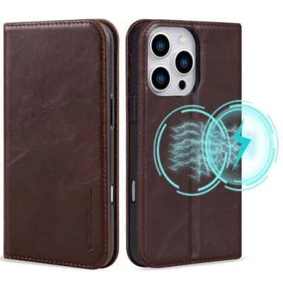 Abbildung von VS VISOUL Hülle für iPhone 16 Pro,Schutzhülle Echt Leder Schützt vor Stoß Kartenfach Magnetverschluss Stand klappbar handyhülle Handytasche Etui Case Pro Kaffee A