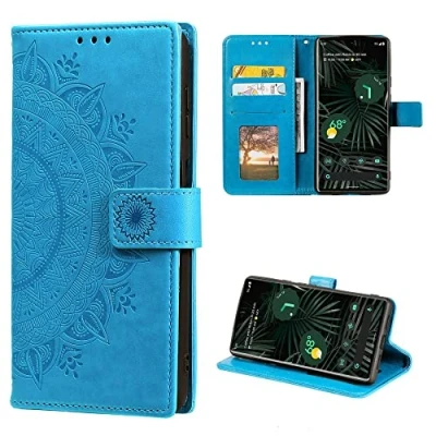 Abbildung von CoverKingz Handy Cover kompatibel mit Google Pixel 6 Pro Handyschutz Kartenfach Klapphülle Bookcase Hülle aufklappbar Motiv Mandala Blau