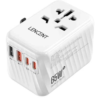 Abbildung von LENCENT Internationaler Reiseadapter, 65W GaN3 Universeller Adapter mit 2 PD3.0 Type C+2 QC USB A, Weltweiter Stromadapter, All in One Reisestecker für EU/USA/UK/AU Steckdosen, Weiß