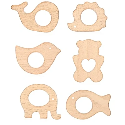 Abbildung von RosewineC 6 Stück Baby Beißring Holz Holzfiguren, Natürlich Ringe, Kinderkrankheiten, Handgefertigt Anhänger Kit für DIY Schmuck, Handwerk