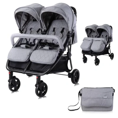 Abbildung von Lorelli Zwillingskinderwagen Duo, Zwillingsbuggy klein faltbar für 2 Kinder, sehr leicht, Zwillingswagen nebeneinander, Geschwister Kinderwagen kompakt zusammenklappbar, hellgrau