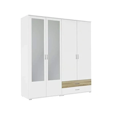 Abbildung von Rauch Möbel Noosa Schrank Drehtürenschrank, Weiß/Eiche Sonoma, Holz, 4 türig mit Spiegel und 2 Schubladen, inkl. Zubehörpaket Basic 1 Kleiderstange, 3 Einlegeböden BxHxT 168x188x52 cm