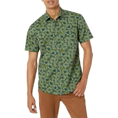 Abbildung von Amazon Essentials Herren Kurzärmeliges Hemd mit Aufdruck, Normale Passform, Olivgrün Blumen, S