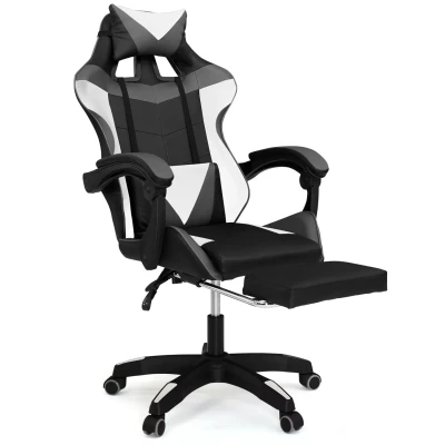 Abbildung von Verstellbarer Gaming Stuhl ALEX mit Fußstütze, Kopf und Lendenkissen schwarz weiß grau