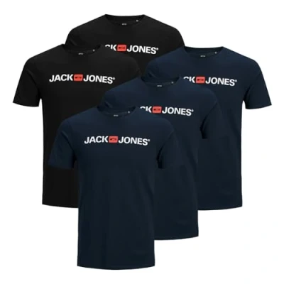 Abbildung von JACK &amp; JONES Herren Shirts T Logo Tee Crew Neck 5er Pack, Farbe:Mehrfarbig, Artikel: White/White/White/Black/Black, Größe:S