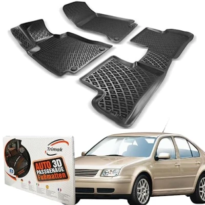 Abbildung von Trimak Passgenau 3D Fussmatten Auto Kompatibel mit Volkwagen Bora 1998 2005 Zubehör 1. und 2. Reihe Gummimatten Autos TPE Allwetter Geruchlos rutschfest Vorne Hinten Schwartz