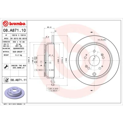 Abbildung von BREMBO 08.A871.10 Bremsscheibe 302 10 5 voll mit Schrauben HONDA: CR V 4, 3
