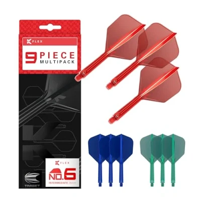 Abbildung von Target Darts K Flex Integrated Dart Flights and Shafts, Stiel (26 mm), mittlerer Schaft, Nr. 6 Flight, 9er Pack, rot, blau und grün Kflex 2 In 1 Flight Stiel, professionelles Dartzubehör