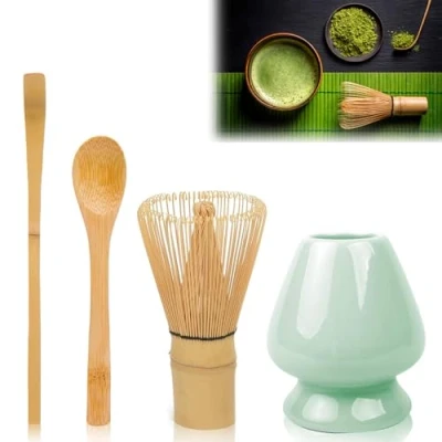 Abbildung von Matcha besen Set 4 teiliges Zubehör mit Löffeln und Keramik Besenhalter für Zubereitung Zeremonien cyanfarben