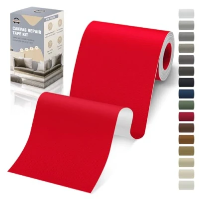 Abbildung von Flicken Selbstklebend Stoff, 10 x 200 cm Leinwand Stoff Selbstklebend, Rot, Wasserdichtes für Sofa Zelt Möbel Autositz Liege