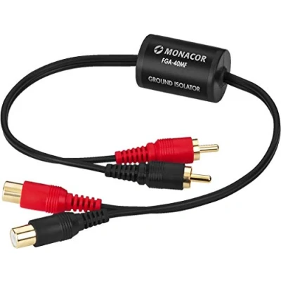 Abbildung von MONACOR FGA 40MF Professioneller Massetrennfilter, kleine Bauform, zur Vermeidung von Signalstörungen und Brummschleifen, 2 Cinch Buchsen Stecker, schwarz, 21.3050