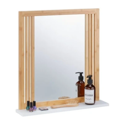 Abbildung von Relaxdays Badspiegel mit Ablage, Bambus &amp; MDF, rechteckig, HxBxT: 56,5 x 54 10 cm, Spiegel zum Aufhängen, Natur/weiß, Glas