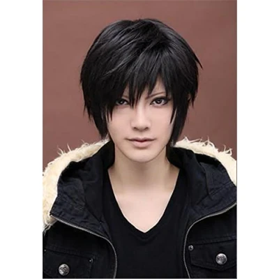 Abbildung von Sawekin Herren Schwarz Kurz Perücke 28cm Kunsthaar Kurzhaar kurze Anime Cosplay fuer Party Kostüm Gerade