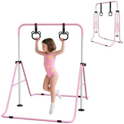Abbildung von HOMCOM Turnreck Kinder Gymnastik 5 stufige höhenverstellbar, (Reckanlage, 1 St., Reckstange), für Indoor bis 50 kg belastbar Stahl Rosa