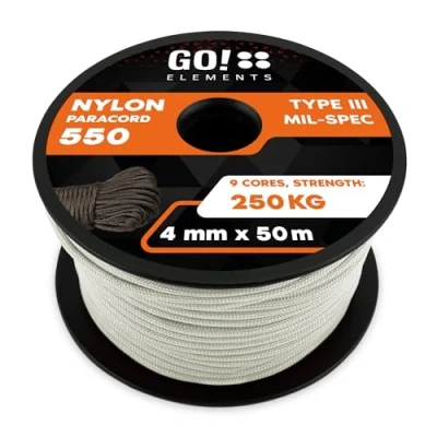 Abbildung von GO!elements 50m Paracord Seil aus reißfester Nylonschnur 4mm 550 Typ III Schnur geeignet als Allzweckseil &amp; Reepschnur Max. 250kg, Farbe: Weiß