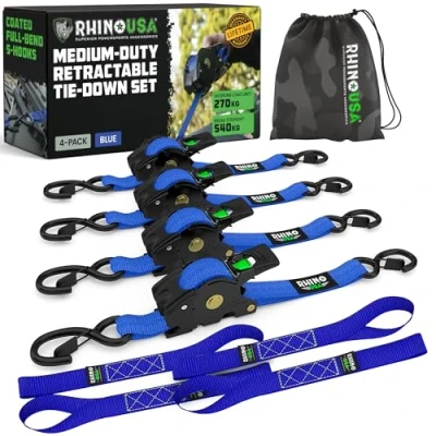 Abbildung von Rhino USA Selbstaufrollende Spanngurte (4er Pack) 2.5cm x 3m (540kg Bruchfestigkeit) Hochleistungs Automatik für LKW, Anhänger, Motorrad, Fahrrad &amp; Mehr Blau