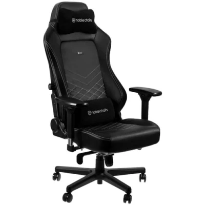 Abbildung von noblechairs Hero Gaming Stuhl 150 kg Belastbarkeit, PU Kunstleder Bürostuhl Ergonomisch, Schreibtischstuhl Schwarz/Platinweiß, PC Drehstuhl mit Rollen, Gamer Sessel, Inklusive Kissen