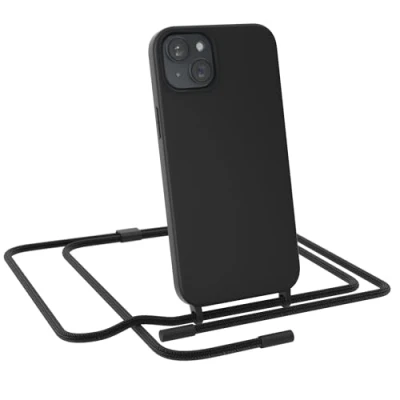 Abbildung von EAZY CASE Handykette kompatibel mit iPhone 15 Plus dünne Handyhülle für Hülle Band als Fallschutz Kette zum Umhängen stoßeste Silikon Mikrofaser in Schwarz