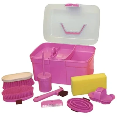 Abbildung von RL24 Kinder Putzbox für Pferde Putzkasten mit Inhalt befüllte Putzkiste Mähnenbürste, Striegel, Hufkratzer etc. Putzkoffer Pferdepflege Set 8 teilig rosa