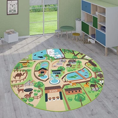 Abbildung von Paco Home Kinderteppich Teppich Kinderzimmer Spielteppich Junge Mädchen Modern rutschfest, Grösse:160 cm Rund, Farbe:Beige