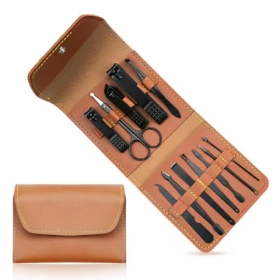 Abbildung von Maniküre Set, Pediküre Nagelschere 12 Teilig Edelstahl Nagelset mit PU Ledertasche Tragbarer Reisen Nagelpflegeset Nagelpflege Werkzeuge für Damen und Herren (Schwarz)