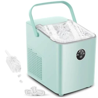 Abbildung von FOHERE Eiswürfelmaschine 14kg 24 Stunden, Eiswürfel in 5 Min, 2 Größen von Bullet Ice, Selbstreinigender Eiswürfelbereiter mit Griff, Eisschaufel u. Korb, Ice Maker für Party Büro RV (Himmelblau)
