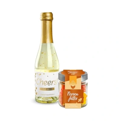 Abbildung von 2er Set Gold Secco Cheers! und Fruchtgummi Nervenfutter 120g Nervennahrung Entspannung Me time Anti Stress Geschenk für die beste Freundin süßes Mitbringsel Prosecco Sekt