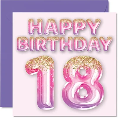 Abbildung von Geburtstagskarte zum 18. Geburtstag für Frauen rosa und lila Glitzerballons Happy Karten 18 Jahre alte Frau Tochter Schwester Tante Cousin 145 mm x achtzehnte Geburtstagskarten Geschenk