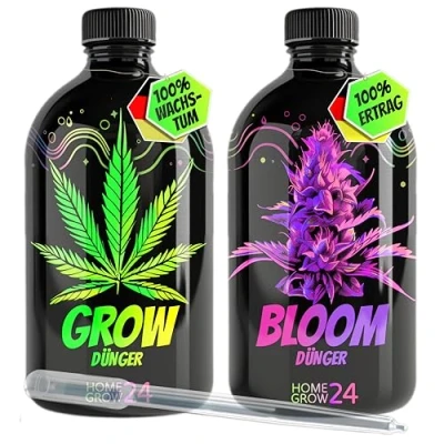 Abbildung von HOMEGROW24 Cannabis Dünger Duo Grow und Bloom Flüssig NPK Pflanzendünger für Indoor, Outdoor &amp; Autoflower Growbox geeignetes Hanf Anbau Set