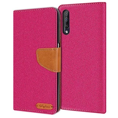 Abbildung von Verco Galaxy A30s Hülle, Schutzhülle für Samsung Tasche Denim Textil Book Case Flip Klapphülle Pink