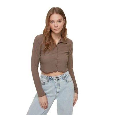 Abbildung von TRENDYOL Damen Polokragen Unifarben Regular Bluse Shirt, Brown, M