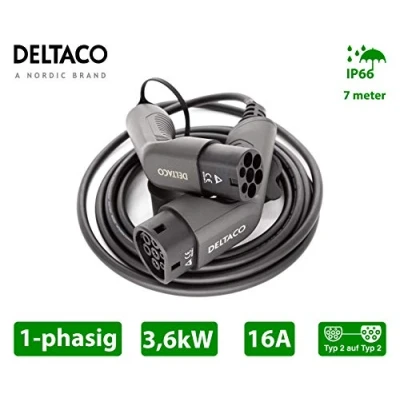 Abbildung von DELTACO Typ 2 EV Ladekabel für E Autos und Hybrid Fahrzeuge, Elektroauto Charger Mennekes Kabel, Kompatibel mit ID.3, ID.4, Zoe, Tron, Model S/3/X/Y, Leaf, 1 phasig, 16A 3.6kW, 7 Meter