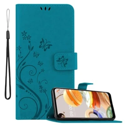 Abbildung von Cadorabo Hülle kompatibel mit LG K61 Blumen Design aus Premium Kunst Leder Flip Klappbare Stoßfeste Magnetische [Standfunktion] [Kartenfächern] Cover Case für Tasche in Blau