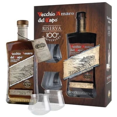 Abbildung von Vecchio Amaro Del Capo Riserva Likörmix Box mit 2 Gläsern, Spirituose, Alkohol, Flasche, 37.5%, 700 ml, 001/RSV C2