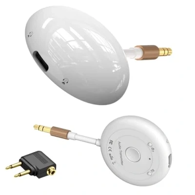 Abbildung von Flugzeug Bluetooth 5.3 Audio Transmitter, Wireless Adapter unterstützt 2 AirPods Order Kopfhörer mit niedriger Latenz für Flugreisen, Fitnessstudio, TV, PC, 3.5mm AUX Buchse