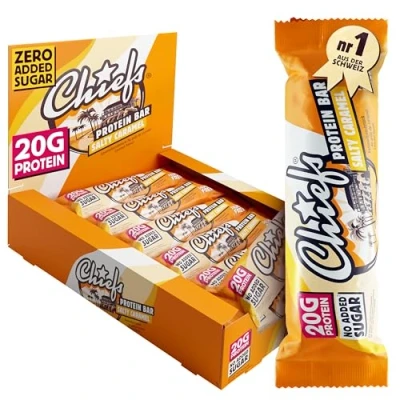Abbildung von Chiefs Protein Bar (Salty Caramel) High Riegel mit 20g Eiweiß &amp; nur 199 kcal pro Ohne Zuckerzusatz palmölfrei Karamell Geschmack 12er Pack (12 x 55g)