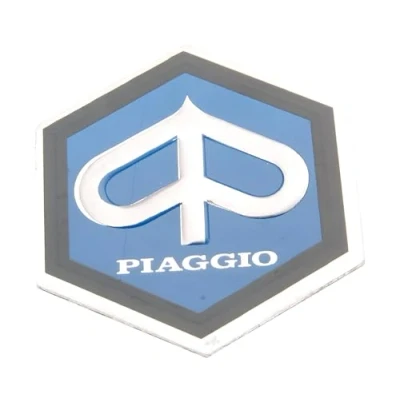 Abbildung von Emblem &#039; Piaggio zum Kleben 6 eckig 25x30mm Aluminium für Kaskade Vespa PX, PE 80, 125, 200