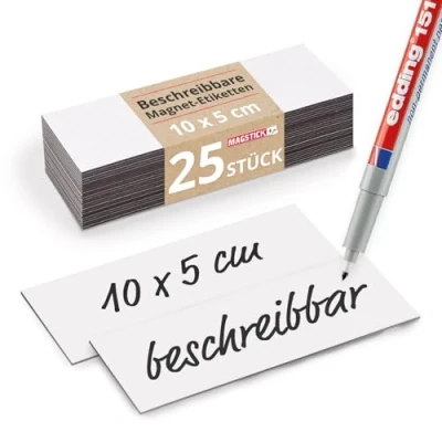 Abbildung von 25 beschreibbare Magnet Etiketten Magstick® I 10 x 5 cm weiß magnetische Beschriftungsfolie beschreibbar Streifen zum Beschriften mag068