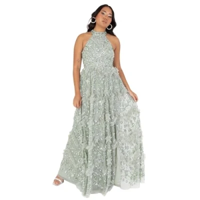 Abbildung von Maya Deluxe Women&#039;s Maxi Dress Ladies Halterneck Sleeveless Sage Sequin Embellished Ruffles Split Slit A line Evening Ball Gown Salbeigrün 38