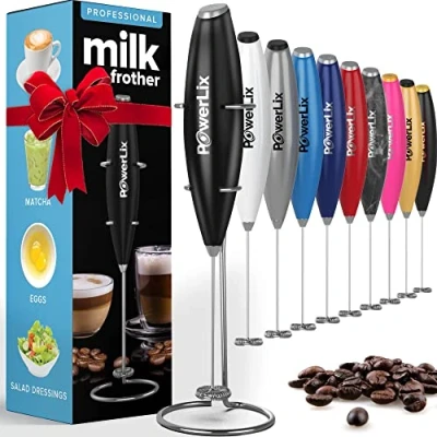 Abbildung von PowerLixMilchaufschäumerStab,MilchschäumerElektrisch mitEdelstahlständer15 20s,19000U/min,BatteriebetriebenerMilkFrotherfürKaffee,Latte,Cappuccino,Heiß&amp;KalteSchokolade,Metallic Schwarz