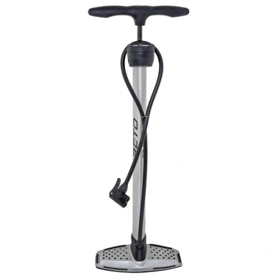 Abbildung von BETO Standpumpe, Fahrradpumpe, Luftpumpe, mit Manometer, Universaldoppelpumpenkopf, 160psi, 11bar, AV, DV, FV, Autoventil, Dunlopventil, Französisches Ventil, softgrip, Anti Rutschfußplatte, aus Aluminium
