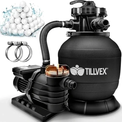 Abbildung von tillvex® Sandfilteranlage Pool 13.200L/h bis 40.000L + 1200g Filterbälle Filteranlage 7 Wege Ventil &amp; 2in1 Adapter Ø32 38mm Poolfilter Selbstansaugend Sandfilter Schwimmbecken (Schwarz)