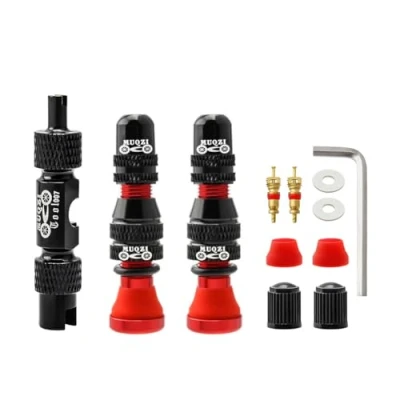 Abbildung von MUQZI Tubeless Schrader Ventilschaft Kits Legierung 40 mm Bike No Tubes Ventil Vorbauten Universal für MTB Felge mit Entfernungswerkzeug, Rot (40mm)