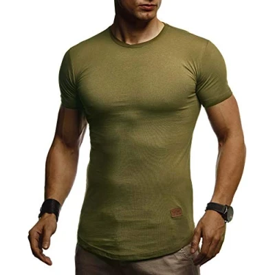 Abbildung von Leif Nelson Herren T Shirt mit Rundkragen Basic Kurzarm Männer Kurzarmshirt Slim Fit Sommershirt LN 8294 Khaki Größe L