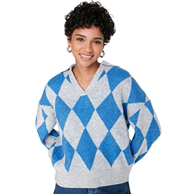 Abbildung von Trendyol Damen Polokragen Rautenmuster Regular Sweater Sweatshirt, grau, L